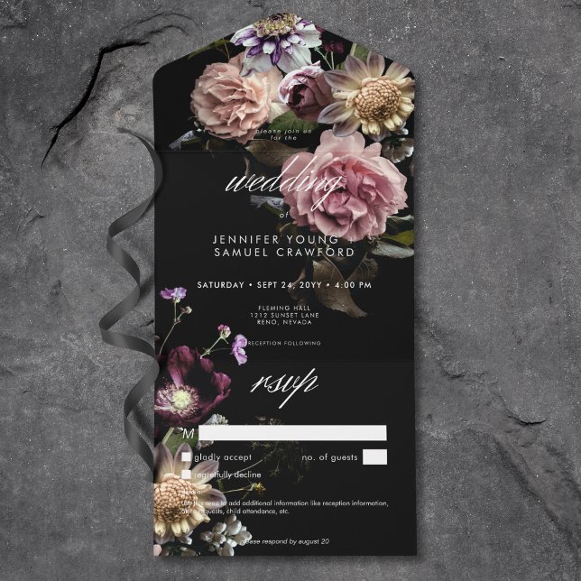 Invitación Todo En Uno Cena negra floral oscura Moody Pastel (Dark Moody Pastel Opulent Floral Black Dinner All In One Invitation)