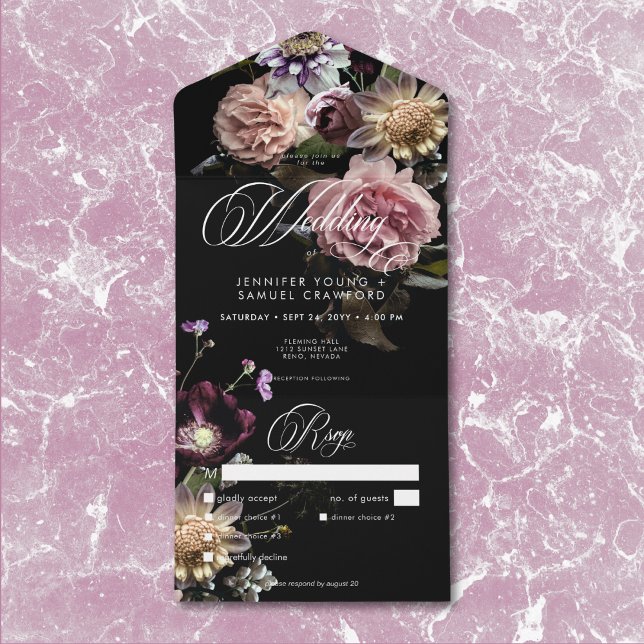Invitación Todo En Uno Cena negra floral oscura Moody Pastel (Dark Moody Pastel Opulent Black Floral Details All In One Invitation)