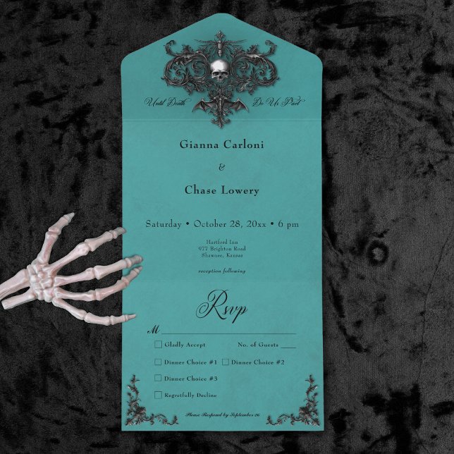 Invitación Todo En Uno Cena negra gótica y Verde azulada de Halloween Fil (Gothic Black & Teal Halloween Filigree Dinner All In One Invitation)