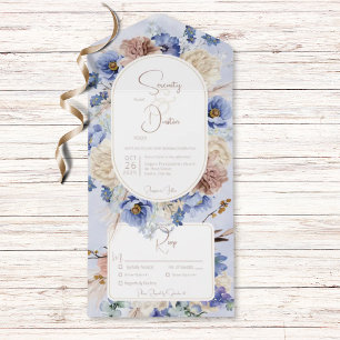 Invitación Todo En Uno Cena Peri Blue Boho Flores & Grasses