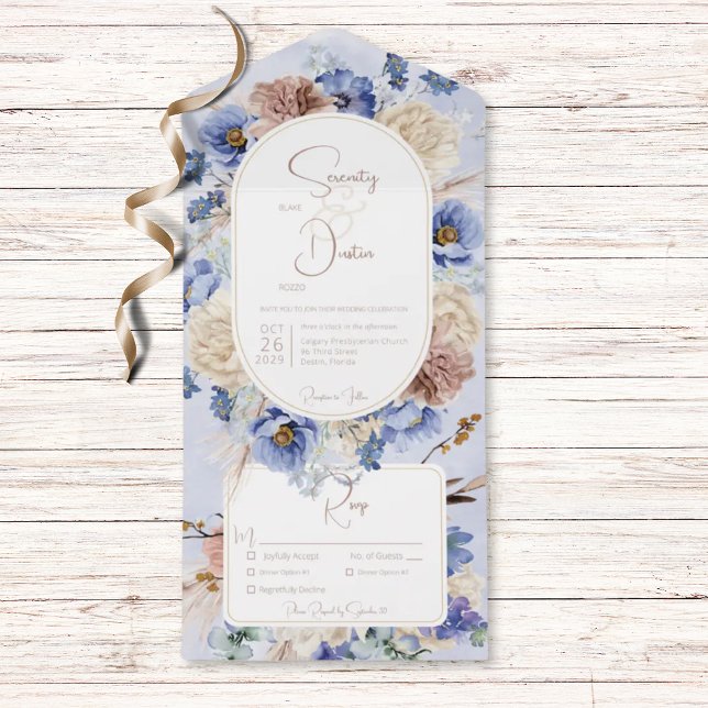 Invitación Todo En Uno Cena Peri Blue Boho Flores & Grasses (Also available with a QR code or without dinner options.)
