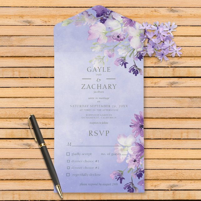 Invitación Todo En Uno Cena Purple Boho Floral Purple (Also available with a QR code or without dinner selection options.)