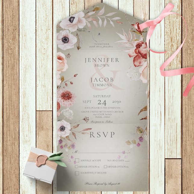 Invitación Todo En Uno Cena romántica con flores verdes y rosas (Subido por el creador)