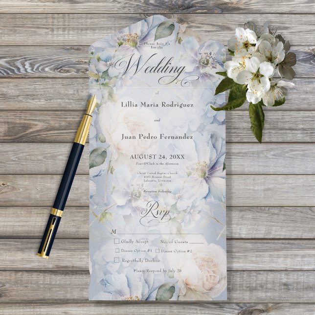 Invitación Todo En Uno Cena romántica floral azul y blanca (Subido por el creador)