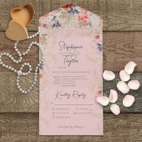 Cena rosa con flores azules y rosas boho