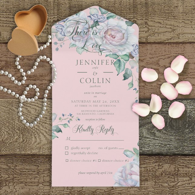 Invitación Todo En Uno Cena rosa floral para pasteles y peoneses blancos (Subido por el creador)