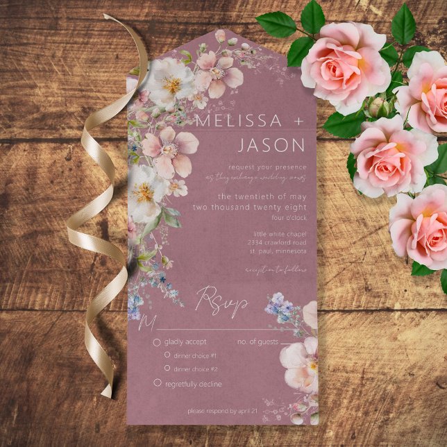 Invitación Todo En Uno Cena rosa pastel floral moderna y turbia (Subido por el creador)