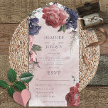 Invitación Todo En Uno Cena rosa y azul rustica<br><div class="desc">TAMBIÉN ESTÁ DISPONIBLE CON UN CÓDIGO QR PARA ESCALAR EN EL ÁREA RSVP. Este diseño presenta bonitas peonías grandes azules y polvorientas rosadas con vegetación sobre un fondo de lavado acuarela. Las invitaciones todo en uno personalizadas son una combinación única de una invitación personalizado bien impresa y una postal RSVP...</div>
