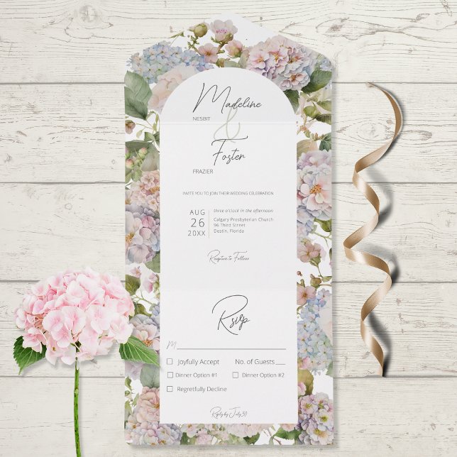 Invitación Todo En Uno Cena Rustic Pastel Hydrangeas White Arch (Subido por el creador)