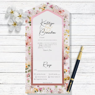 Invitación Todo En Uno Cena Rustic Rubor Pink Wildflowers