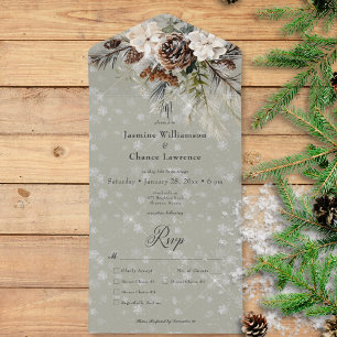 Invitación Todo En Uno Cena Rústica De Pino De Nieve Y Sage Floral Blanca