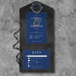 Invitación Todo En Uno Cena satinada gótica negra y floral azul oscuro