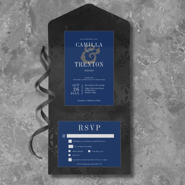 Invitación Todo En Uno Cena satinada gótica negra y floral azul oscuro (Subido por el creador)