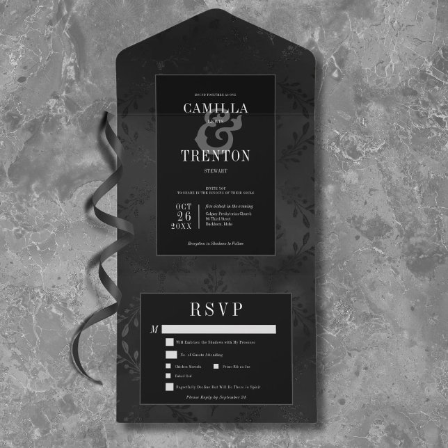 Invitación Todo En Uno Cena satinada gótica negra y floral negra oscura (Subido por el creador)