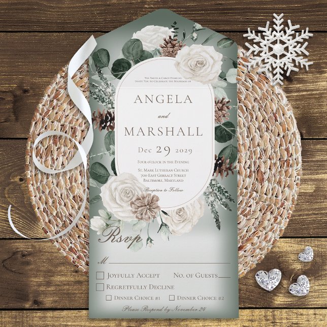Invitación Todo En Uno Cena verde floral de invierno rústico (Subido por el creador)