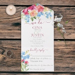 Invitación Todo En Uno Cenas rusticas de claveles rosados y no me olviden<br><div class="desc">TAMBIÉN ESTÁ DISPONIBLE CON UN CÓDIGO QR PARA ESCALAR EN EL ÁREA RSVP. Este diseño incluye un arbusto de claveles rosados oscuros,  melocotones y amarillos y el azul me olvida. Sencillo y dulce,  este diseño es perfecto para bodas informales y semiformales.</div>