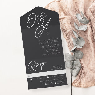 Invitación Todo En Uno Ceniza Script Watermark Monogram Boda