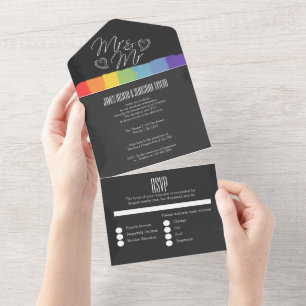 Invitación Todo En Uno Chalkboard boda doodle corazones Sr. y Sr.