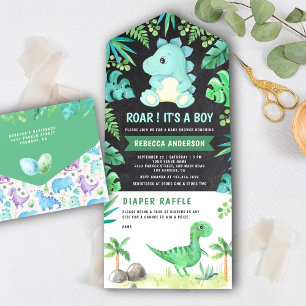 Invitación Todo En Uno Chalkboard Verde Cute Dinosaurio Bebé Ducha