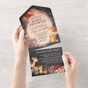 Invitación Todo En Uno Chalkboard Woodland Forest Animals Baby Shower
