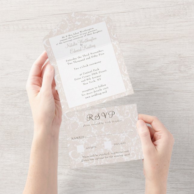 Invitación Todo En Uno Champagne Ivory Lace Filigree Paisley Wedding RSVP (desgarro)