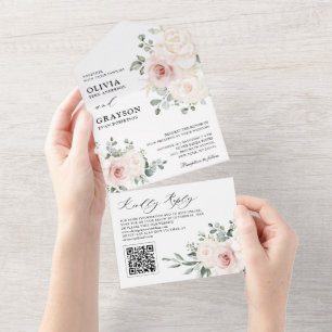 Invitación Todo En Uno Champagne Ivory Rubor Floral rosa Boda de código Q