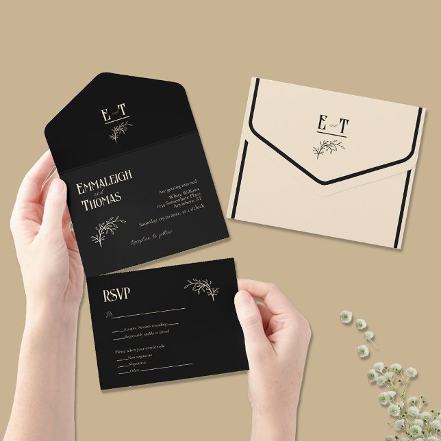 Invitación Todo En Uno Champagne y el negro Boda moderno sencillo (Subido por el creador)