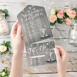 Invitación Todo En Uno Champán Gafas Rústica de cuerda de madera Boda