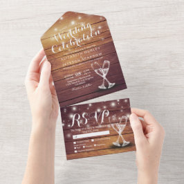 Invitación Todo En Uno Champán Gafas Rústica de cuerda de madera Boda