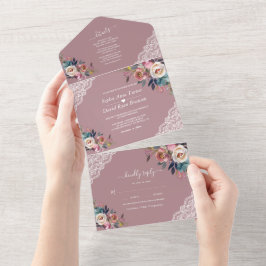 Invitación Todo En Uno Charm Dusty Blue Misty Rosa Flores Boda