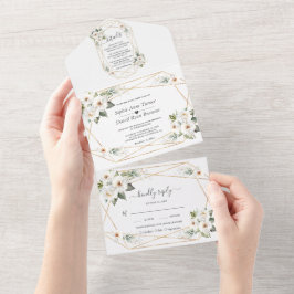 Invitación Todo En Uno Charm White Flowers Gold Frame Boda