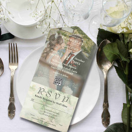 Invitación Todo En Uno Chartreuse verde de trébol botánico Foto Código QR