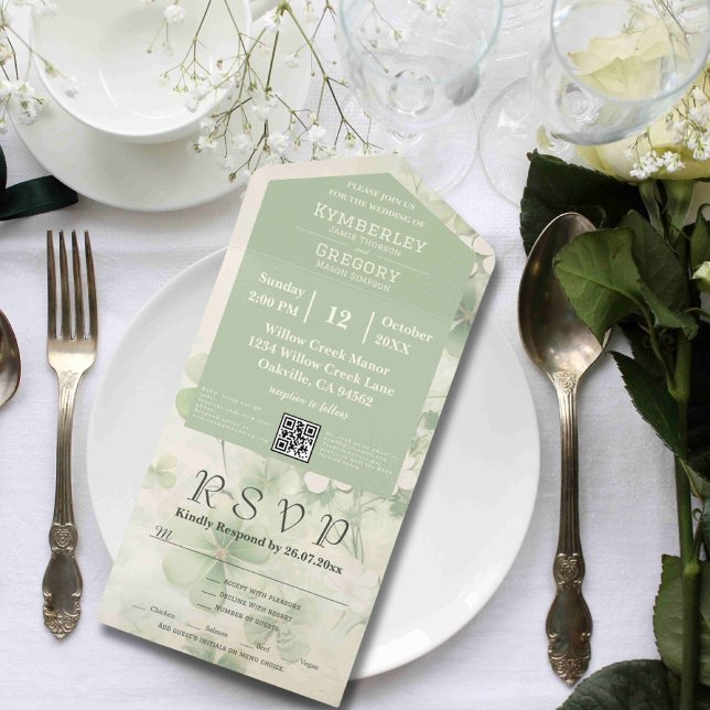 Invitación Todo En Uno Chartreuse verde floral botánica Código QR irlandé (Subido por el creador)