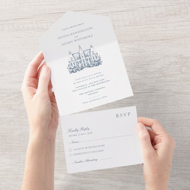 Invitación Todo En Uno Chateau Venue Sketch Minimalist Wedding (Subido por el creador)