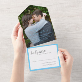 Invitación Todo En Uno Chic Foto Azul Boda Moderna