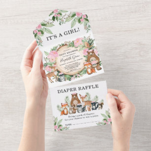Invitación Todo En Uno Chica Baby Shower de Animales de Woodland Florales