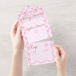 Invitación Todo En Uno Chica Baby Shower de fresa rosa Wavy Strawberry Be