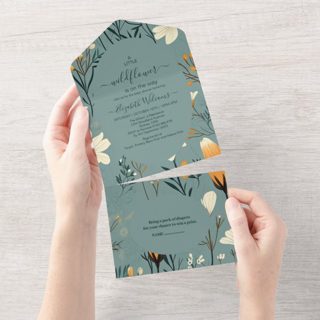 Invitación Todo En Uno Chica Blue Wildflower Garden Baby Shower (desgarro)