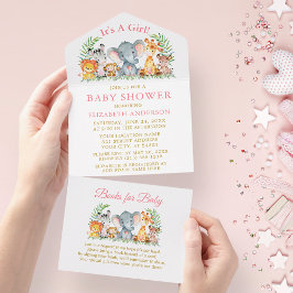 Invitación Todo En Uno Chica de animales de Safari Rosa Baby Shower y Lib