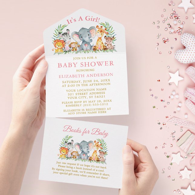 Invitación Todo En Uno Chica de animales de Safari Rosa Baby Shower y Lib (All In One Baby Shower Invitation with Books for Baby tear off card.)