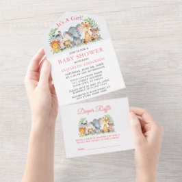 Invitación Todo En Uno Chica de animales de Safari Rosa Baby Shower y Raf