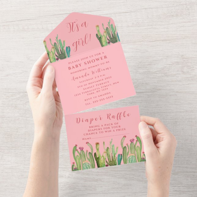 Invitación Todo En Uno Chica de Baby Shower del desierto del Cactus bohem (desgarro)