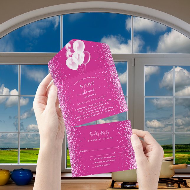 Invitación Todo En Uno chica de Baby Shower globos blancos rosados RSVP (Subido por el creador)
