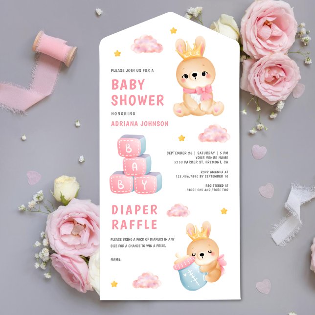 Invitación Todo En Uno Chica de conejito de reina rosa lindo Baby Shower (Subido por el creador)