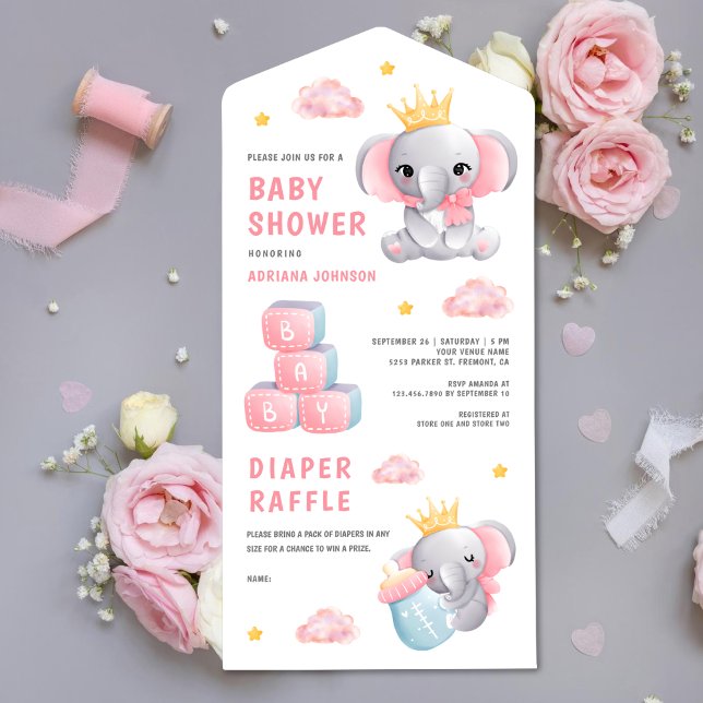 Invitación Todo En Uno Chica de elefante reina rosa lindo Baby Shower (Subido por el creador)