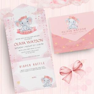 Invitación Todo En Uno Chica de Elefante Rosa de color de agua Baby Showe
