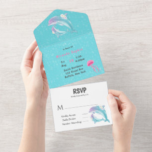 Invitación Todo En Uno Chica de madre y delfines bebés Baby Shower