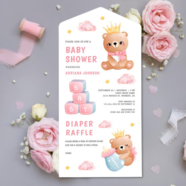 Invitación Todo En Uno Chica de osito de peluche Reina Teddy Rosa (Subido por el creador)
