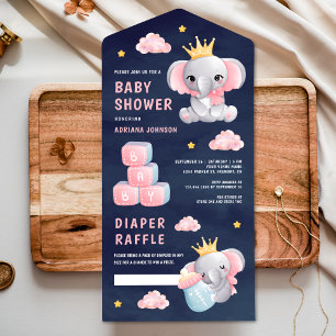 Invitación Todo En Uno Chica Elefante Reina Rosa Baby Shower Azul Marino