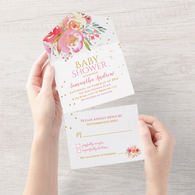 Invitación Todo En Uno Chica floral de acuarela encantadora Baby Shower (desgarro)